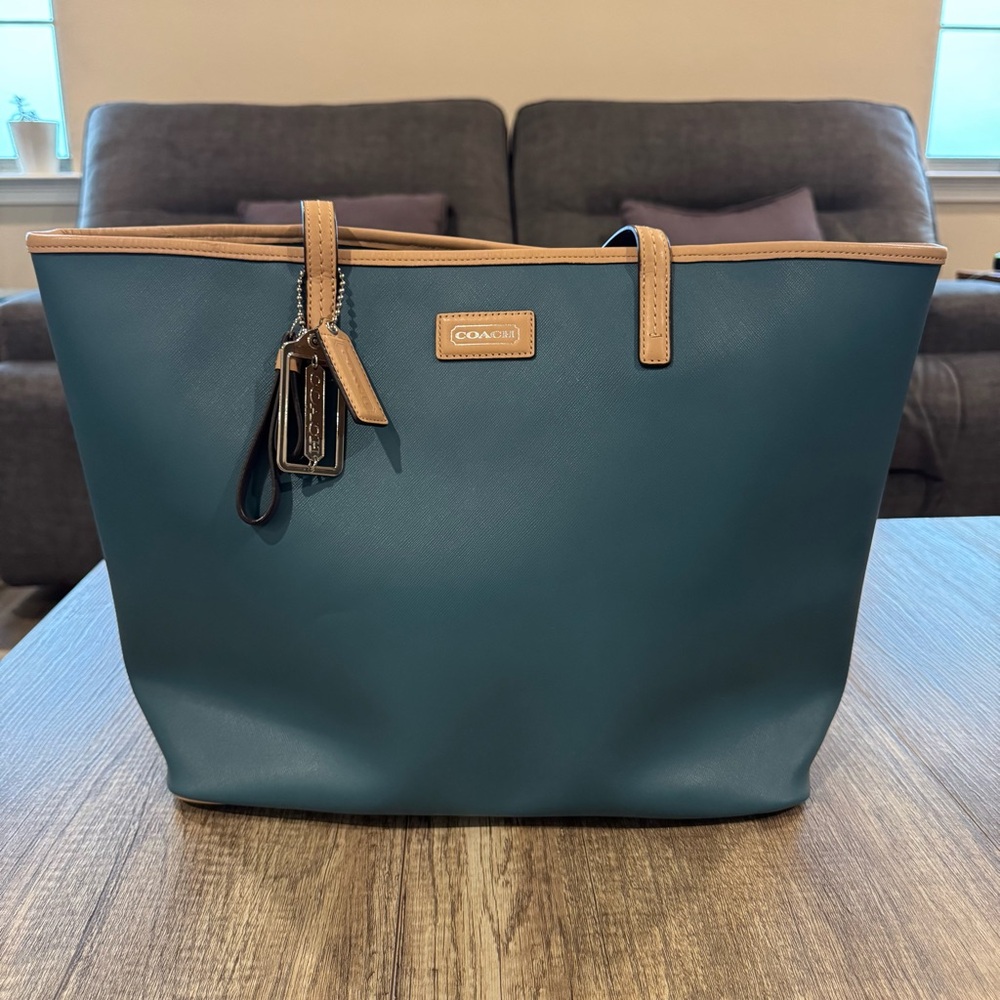 Coach Metro Large Green Saffiano Leather Tote Purse
